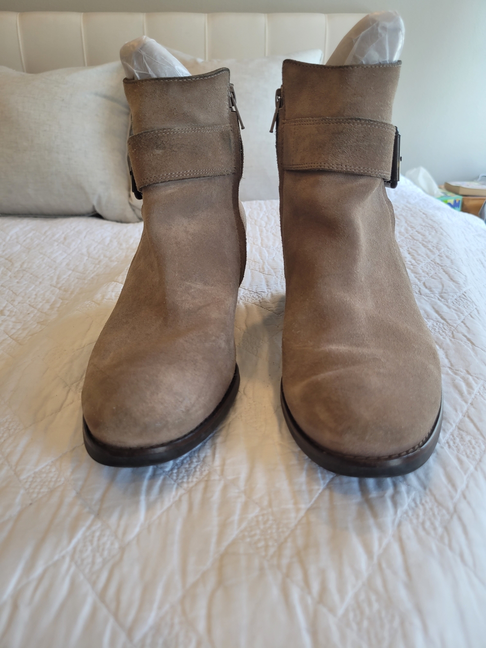 NWOT Paul Green 'Juno' Suede Ankle Bootie in Taupe with Buckle & Stacked Heel - Picture 4 of 12